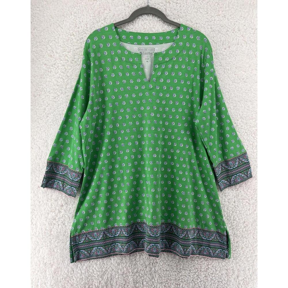 Coolibar Womens Tunic Top Sz XL Resort Green UV Protection 3/4 Sleeve